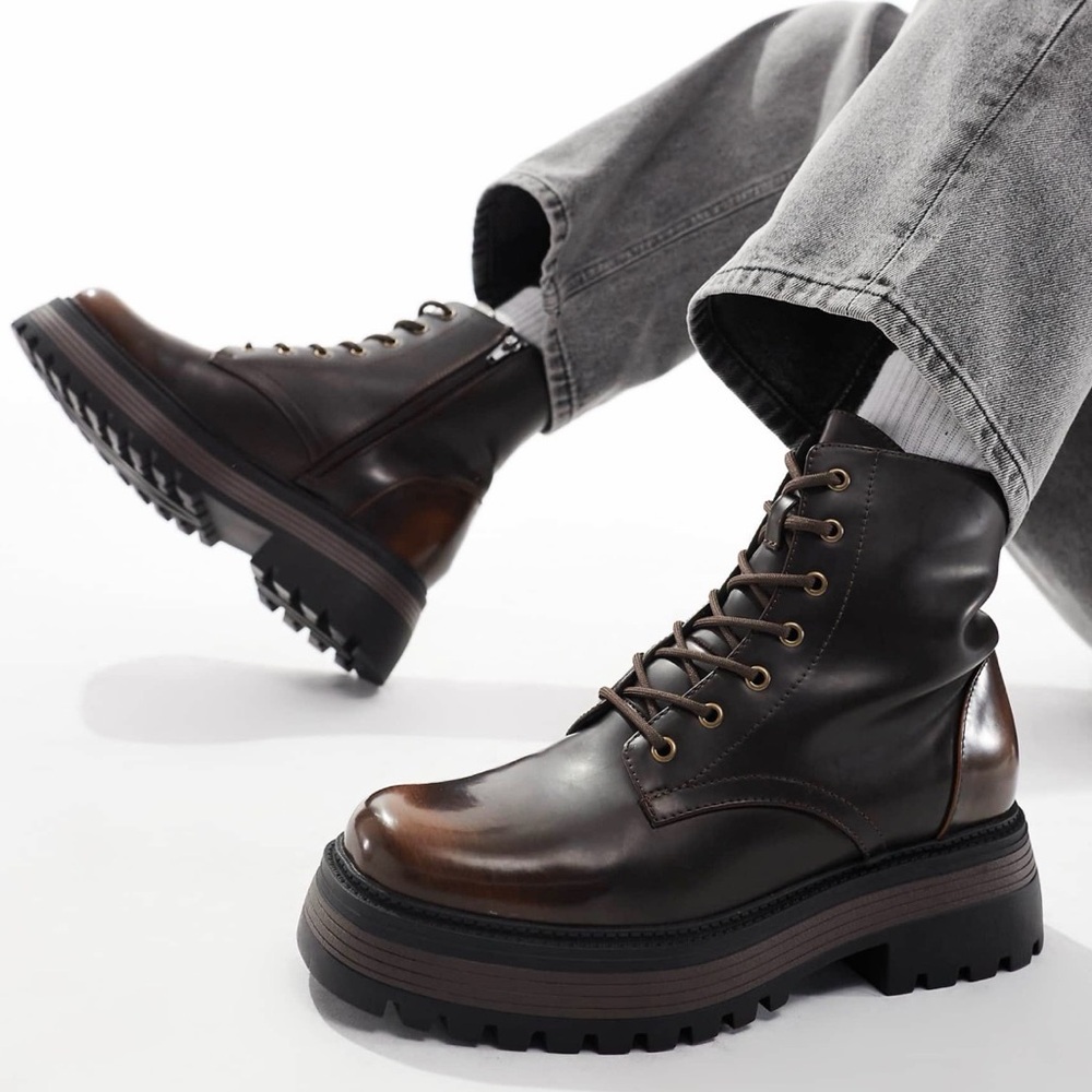 ASOS Brown Leather Lace-Up Platform Boots